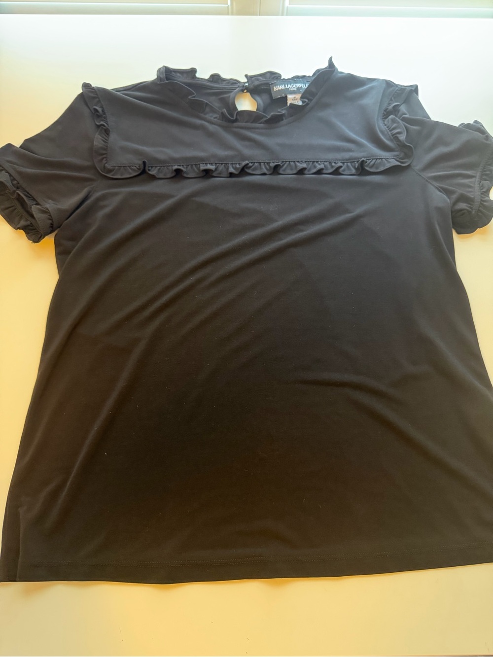 Karl Lagerfeld Black Ruffle Yoke Short Sleeve Top
